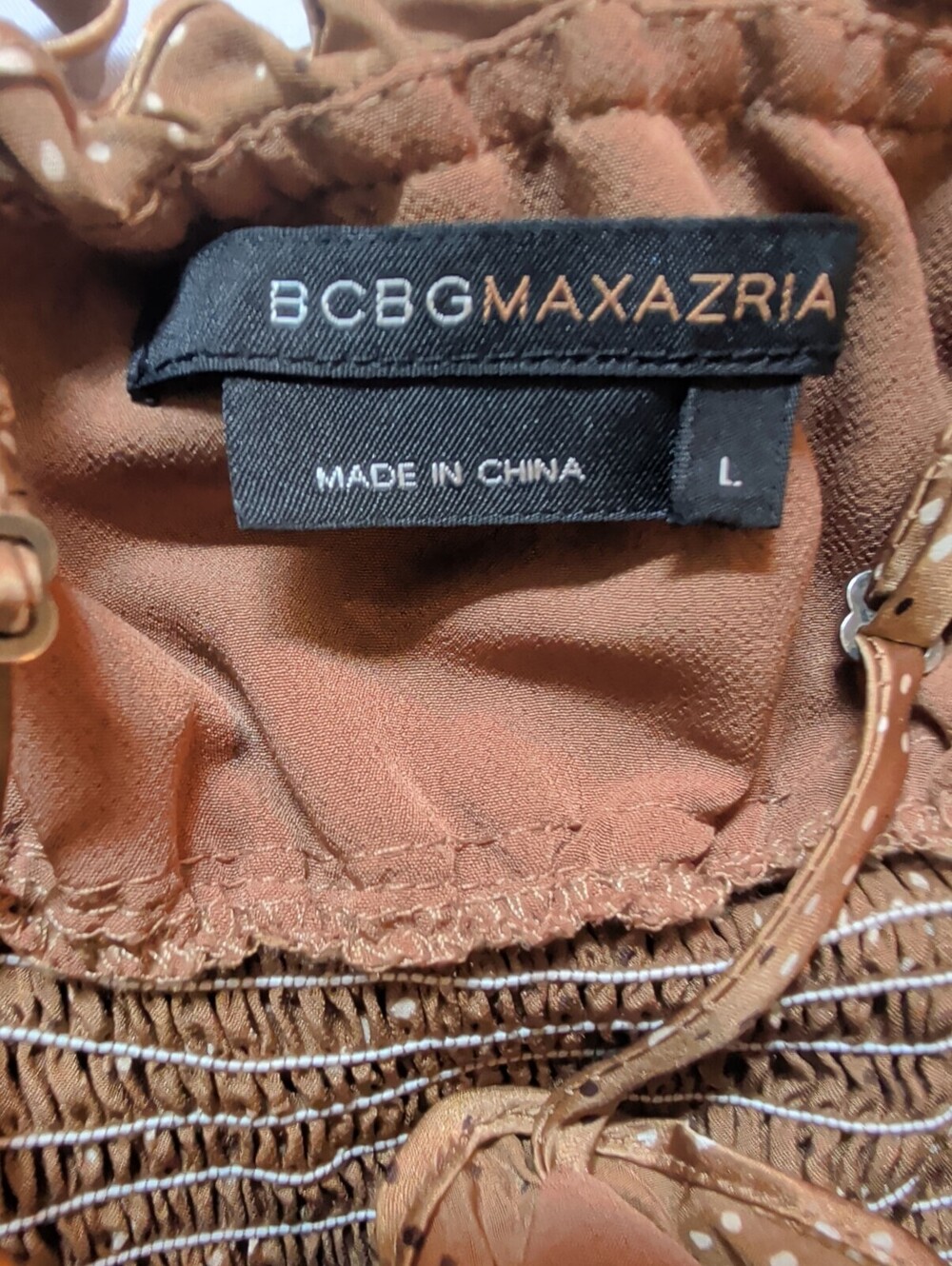 VTG BCBGMAXAZRIA 100% Silk Bronze Brown Polka Dot Smocked Babydoll Dress Large - Picture 7 of 10